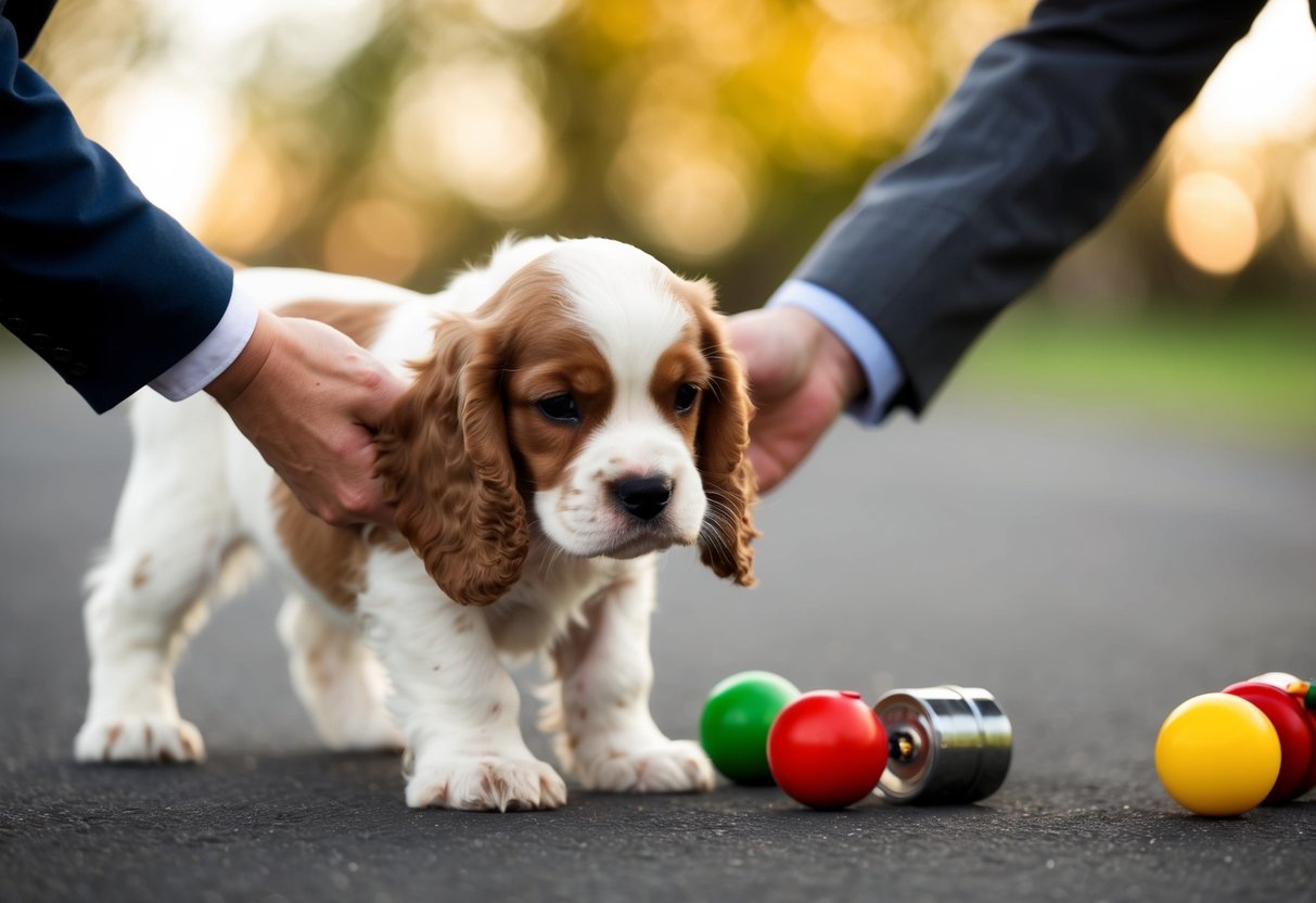A cocker spaniel puppy being gently but firmly redirected away from forbidden objects with a stern but calm tone