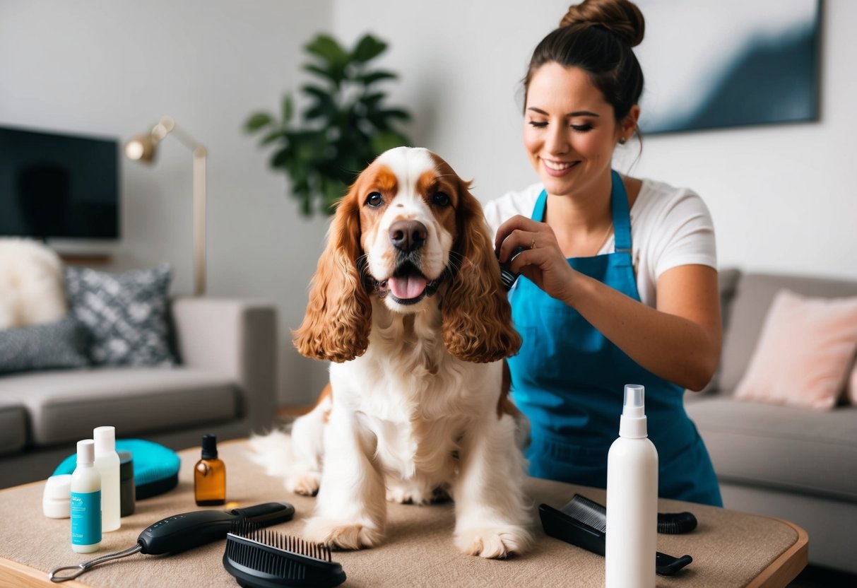 A happy cocker spaniel being groomed by a first-time owner, surrounded by grooming supplies and a cozy living room setting