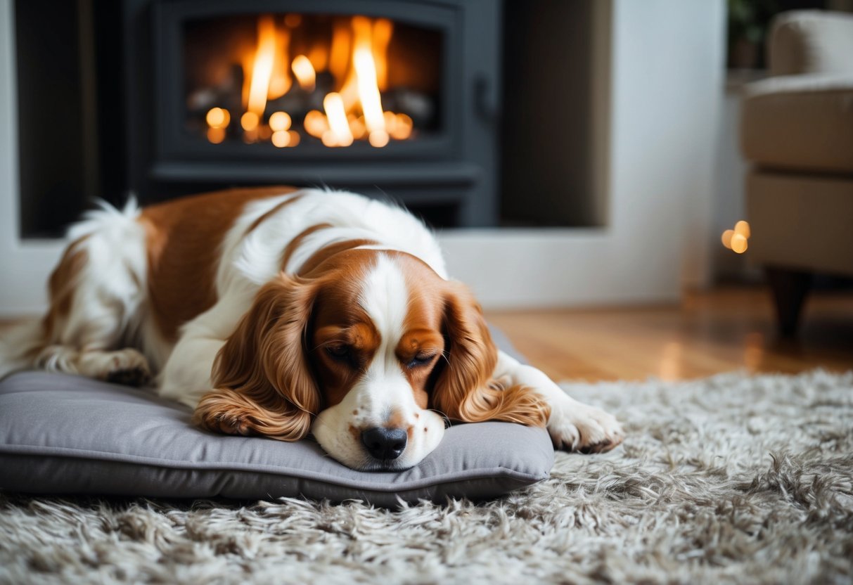A cozy living room with a cocker spaniel curled up on a plush rug next to a crackling fireplace
