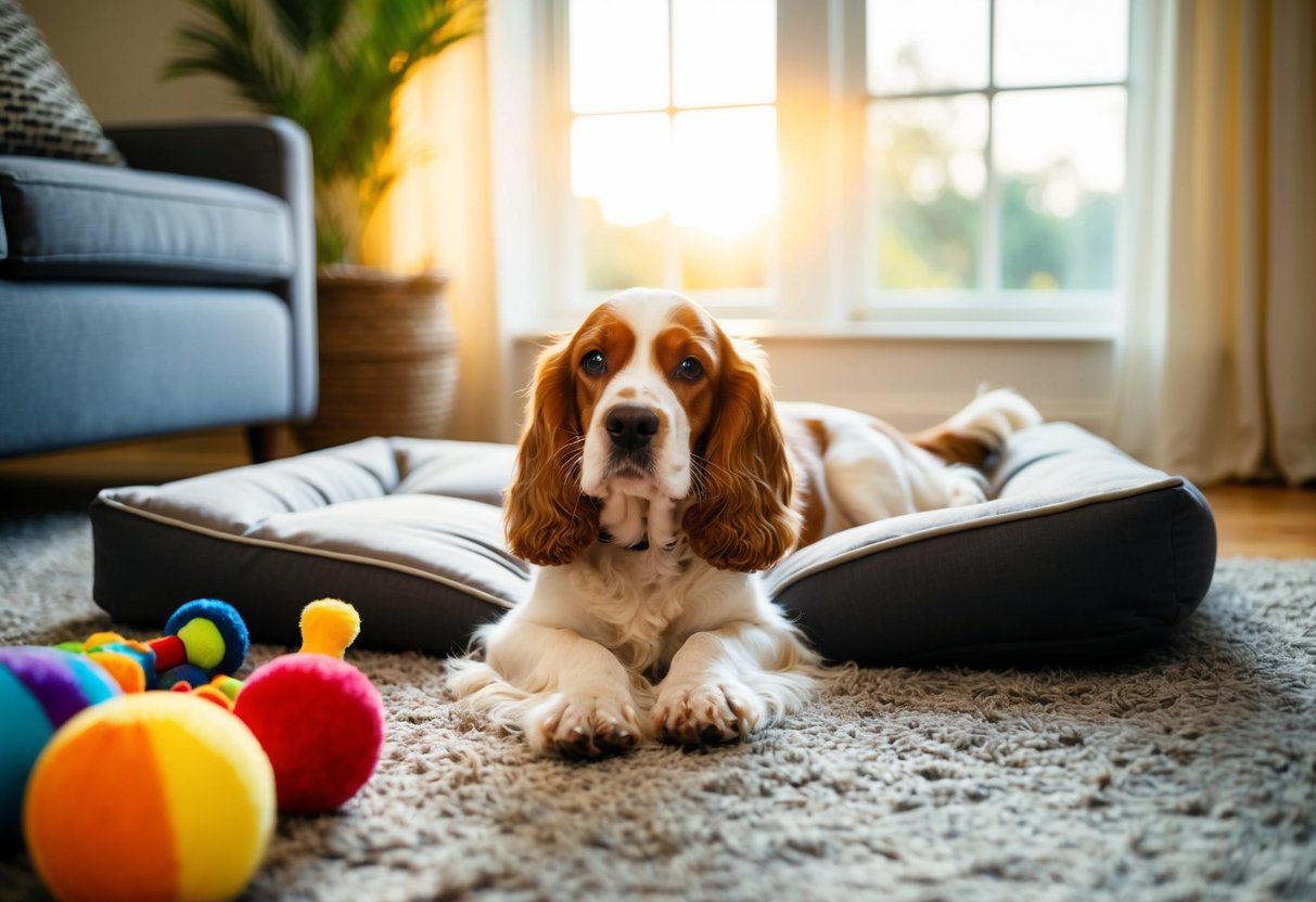 A cocker spaniel lounges on a cozy living room rug, surrounded by toys and a comfortable dog bed. The sunlight streams in through the window, casting a warm glow on the contented pup