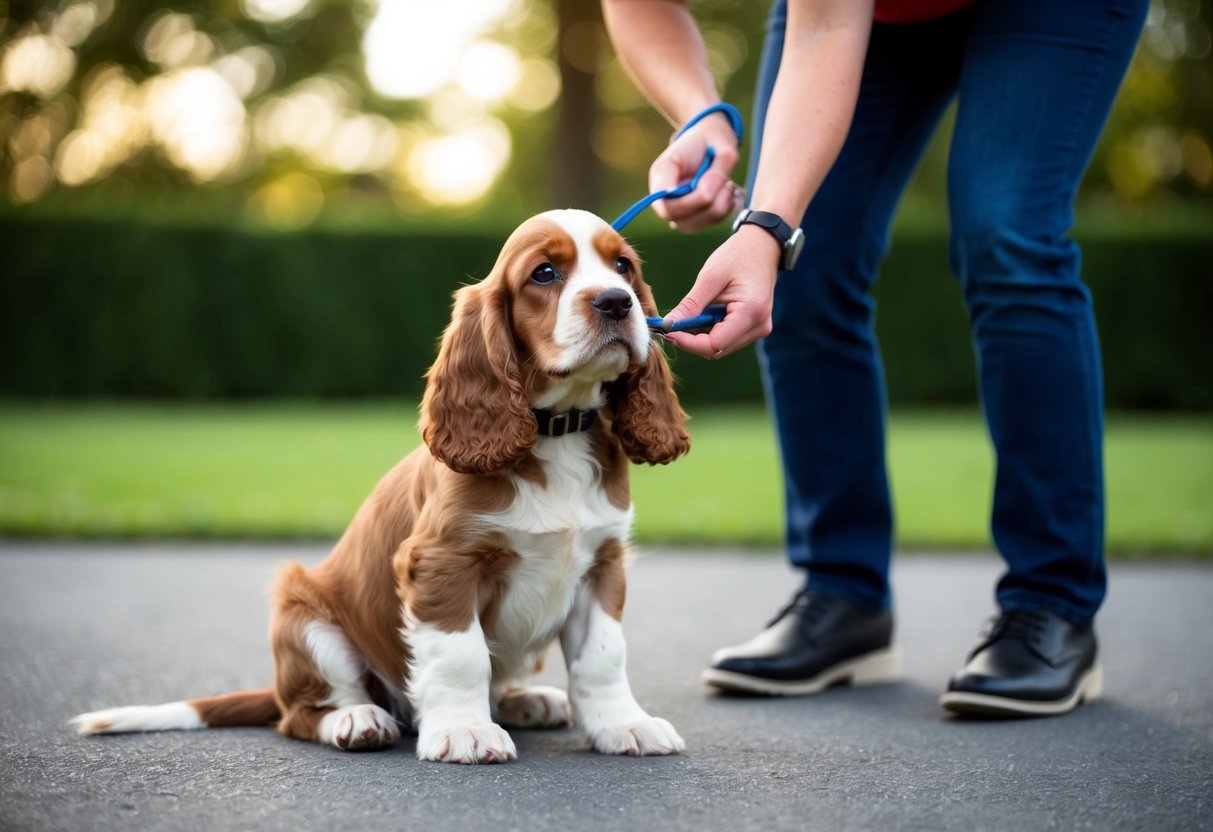 A cocker spaniel puppy sits attentively as its trainer uses positive reinforcement to teach basic obedience commands