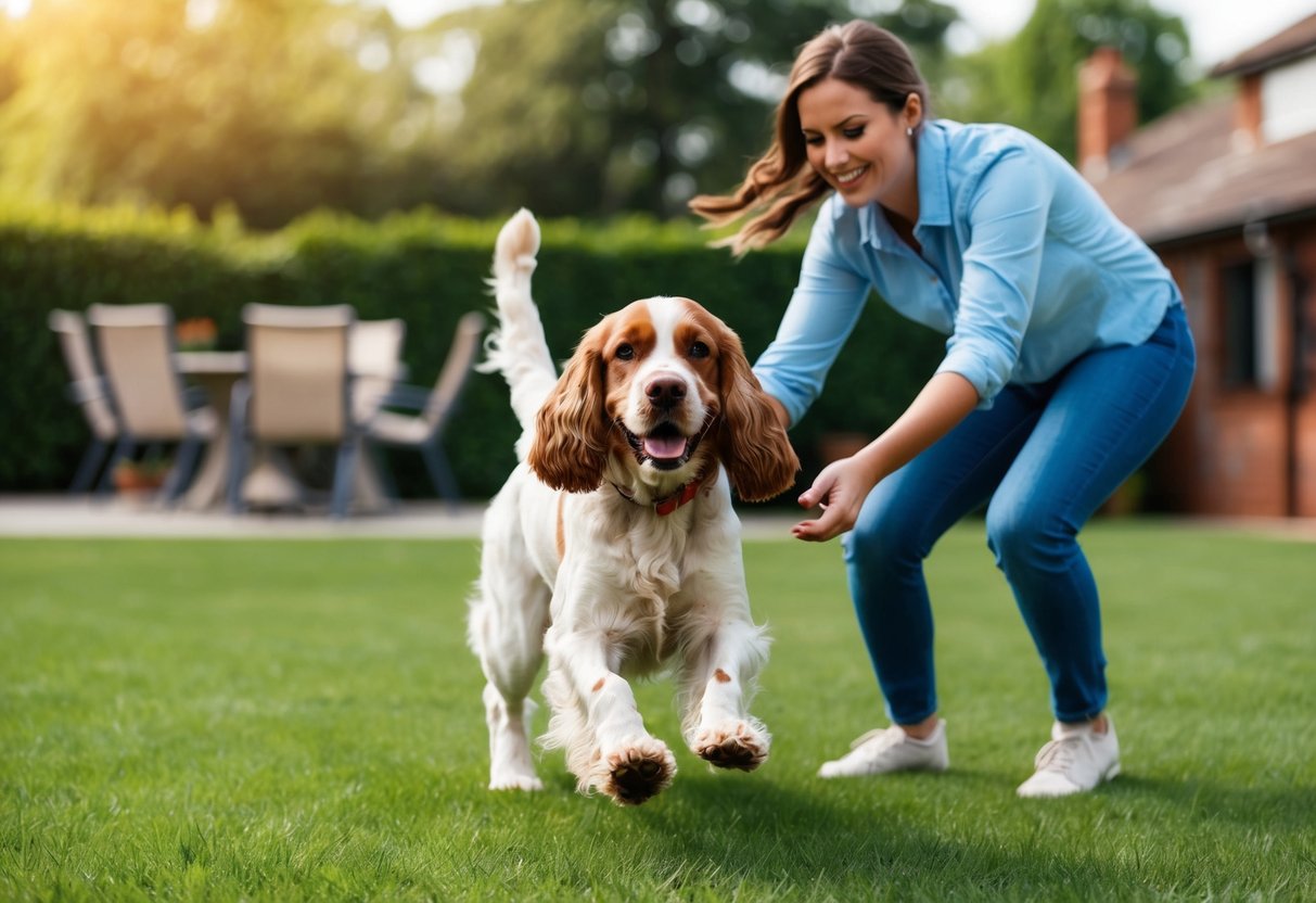 A happy cocker spaniel playing with a first-time owner in a spacious backyard, demonstrating the breed's friendly and energetic nature