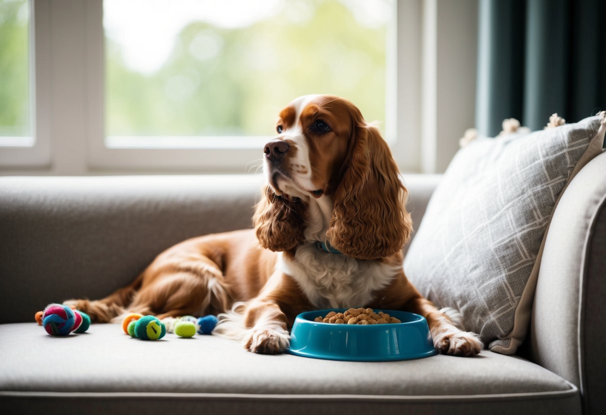 A cocker spaniel lounges on a cozy couch, surrounded by toys and a food dish. It gazes contentedly out the window, its tail wagging