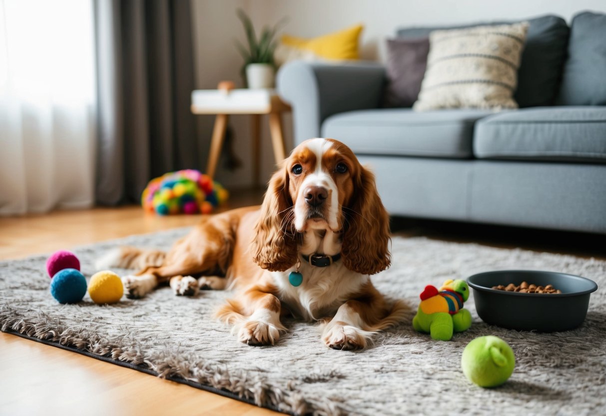 A cozy living room with a cocker spaniel lounging on a plush rug, surrounded by toys and a food bowl