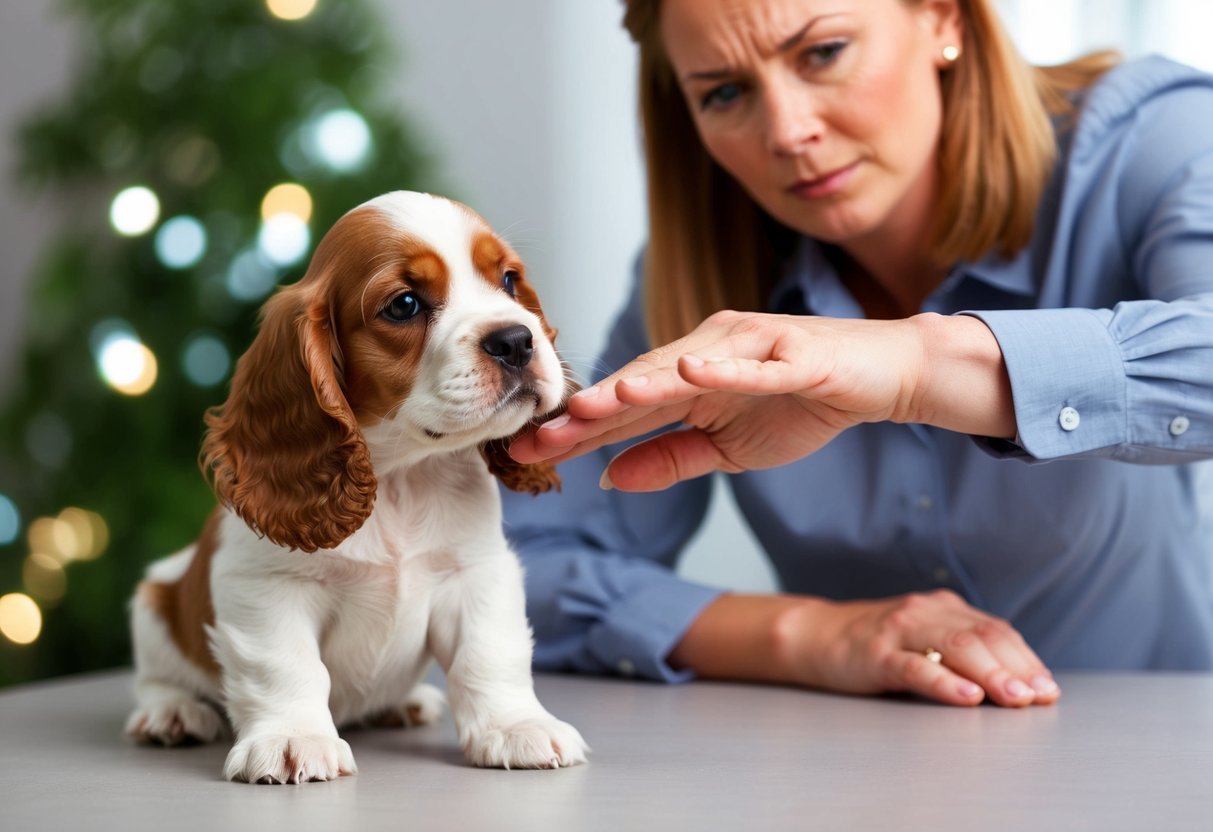 A cocker spaniel puppy being gently but firmly corrected for misbehavior by a calm and assertive figure
