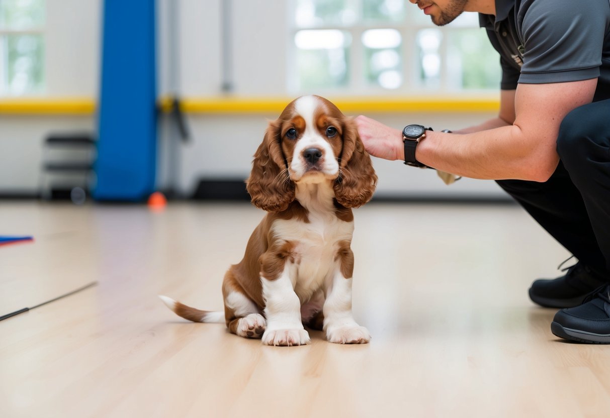 A cocker spaniel puppy sits attentively, ears perked, as a trainer demonstrates discipline techniques in a bright, spacious training room