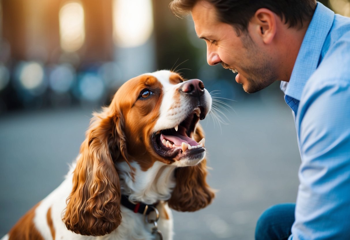 A cocker spaniel baring its teeth and growling at its owner