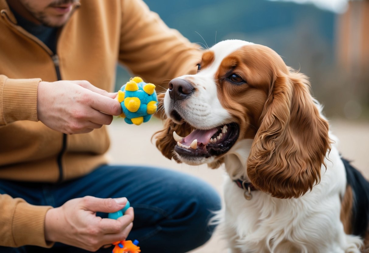 A cocker spaniel growls and bares its teeth at its owner, who is reaching for its toy