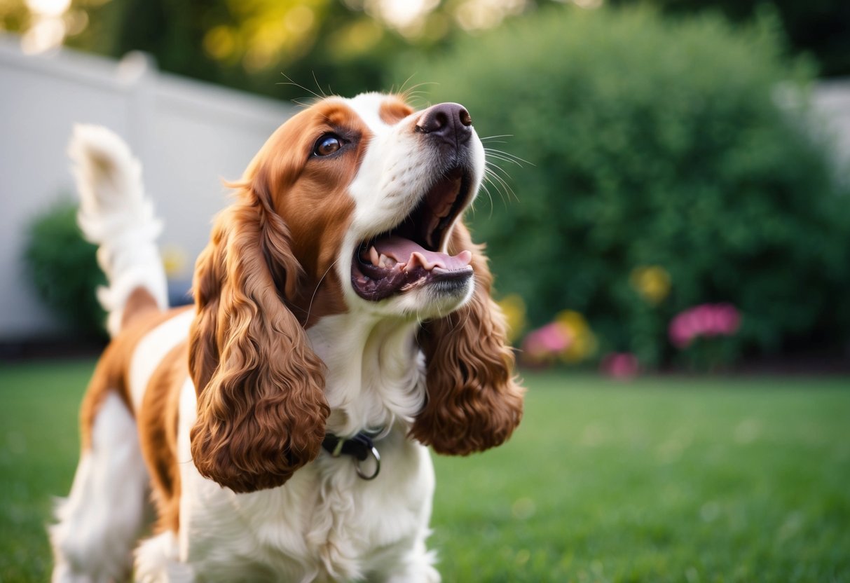 A cocker spaniel barking loudly in a backyard, ears perked, tail wagging