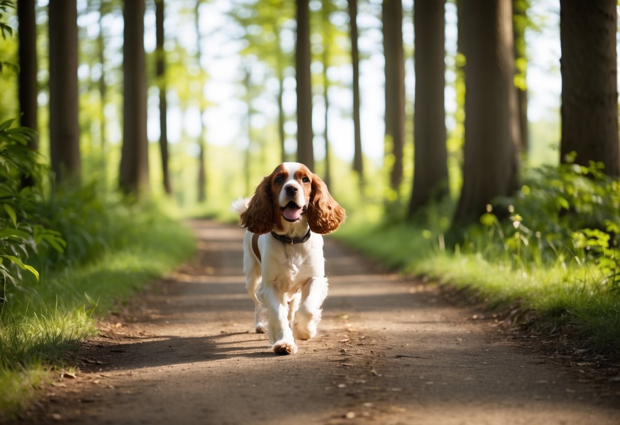 A cocker spaniel happily trots along a winding forest path, surrounded by tall trees and dappled sunlight filtering through the leaves
