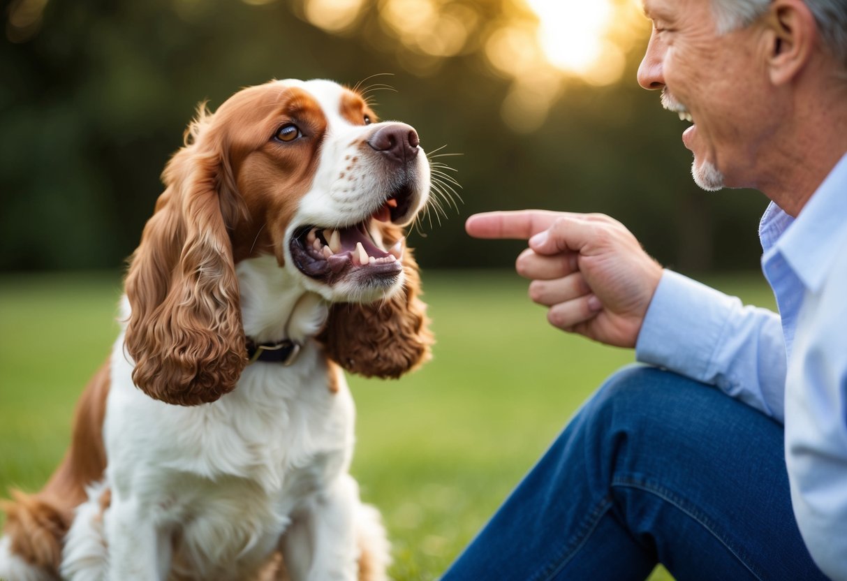 A cocker spaniel baring its teeth and growling at its owner