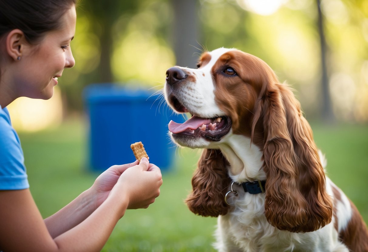 A cocker spaniel barking in a training session with a person holding a treat