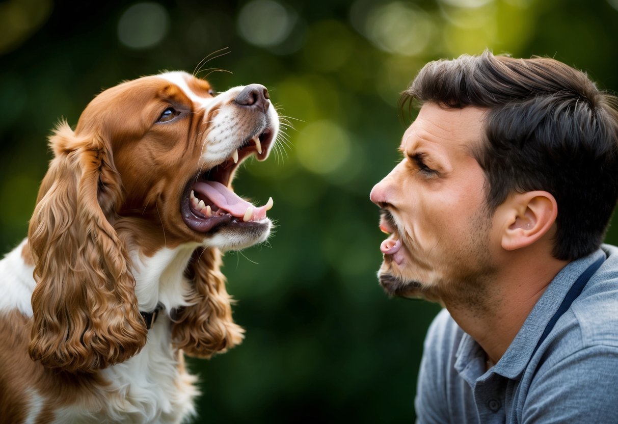A cocker spaniel growls and bares its teeth at its owner, who looks concerned and unsure how to handle the aggressive behavior