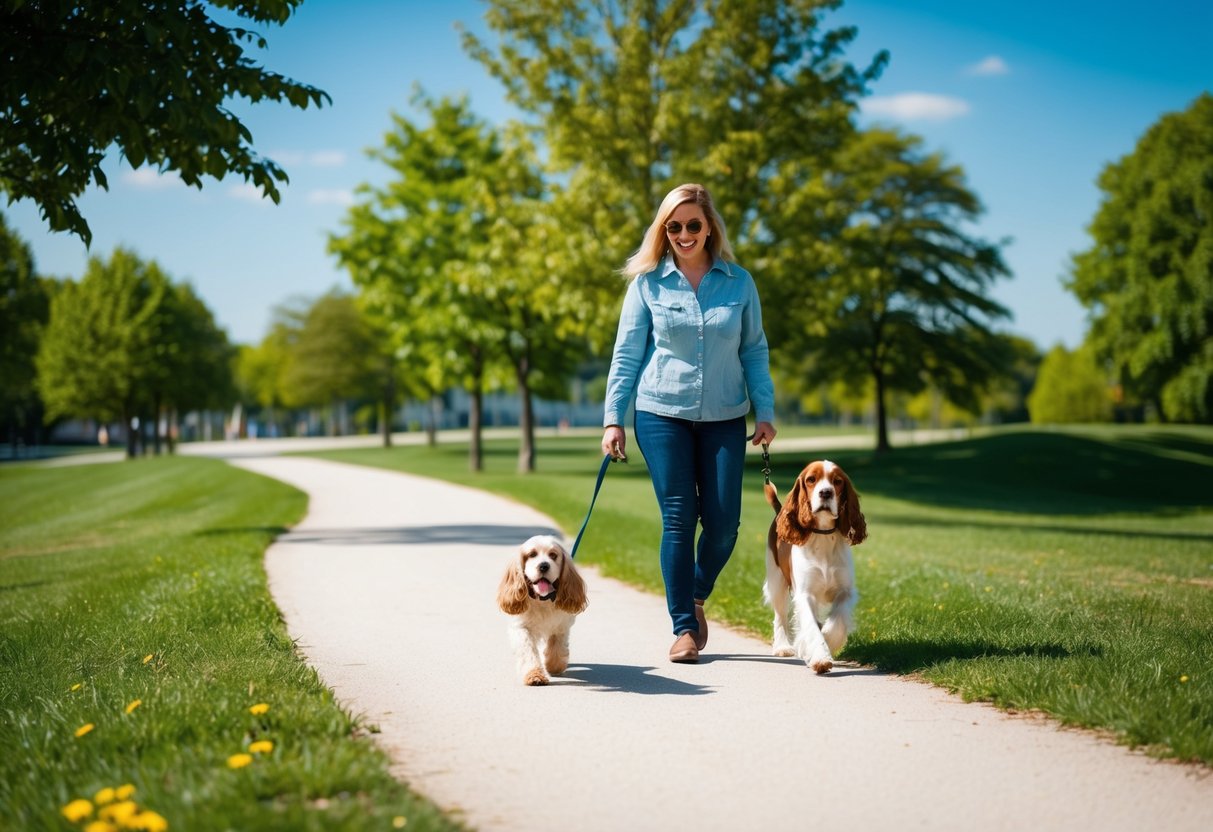 A sunny park with a winding path, surrounded by green trees and a clear blue sky. A happy cocker spaniel walks alongside its owner, wagging its tail
