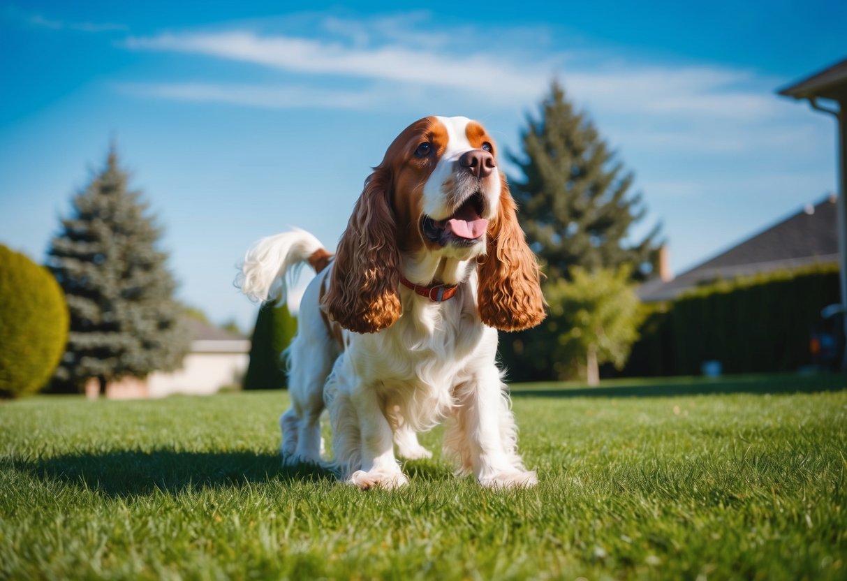 A cocker spaniel barking in a suburban backyard, surrounded by trees and a clear blue sky