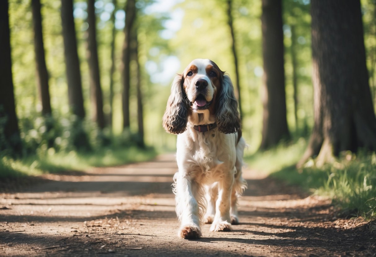 A happy, elderly cocker spaniel with a greying muzzle walking leisurely on a forest path, surrounded by tall trees and dappled sunlight