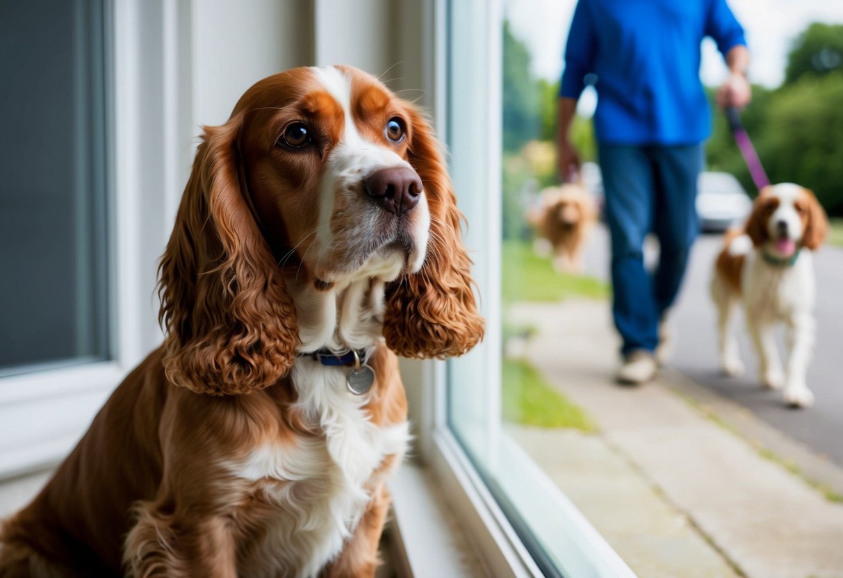 A cocker spaniel sits quietly by the window, while a neighbor walks by with a noisy dog. The spaniel looks alert but does not bark