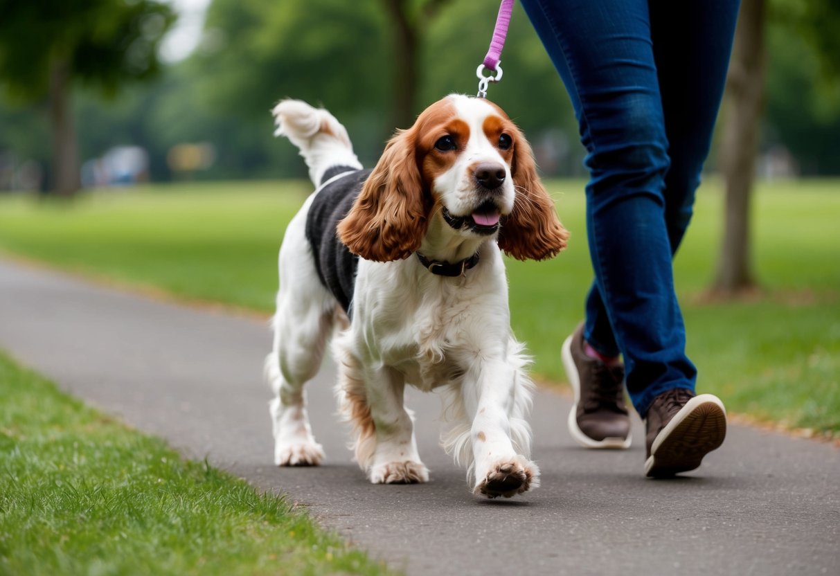 A cocker spaniel pulls on a leash during a walk in a park