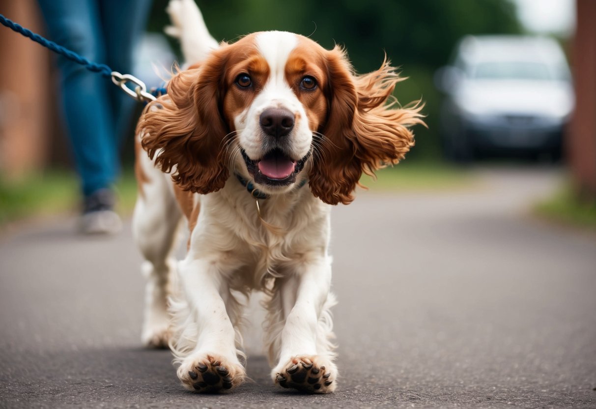 A cocker spaniel eagerly pulls on a leash during a training session, with a determined expression on its face