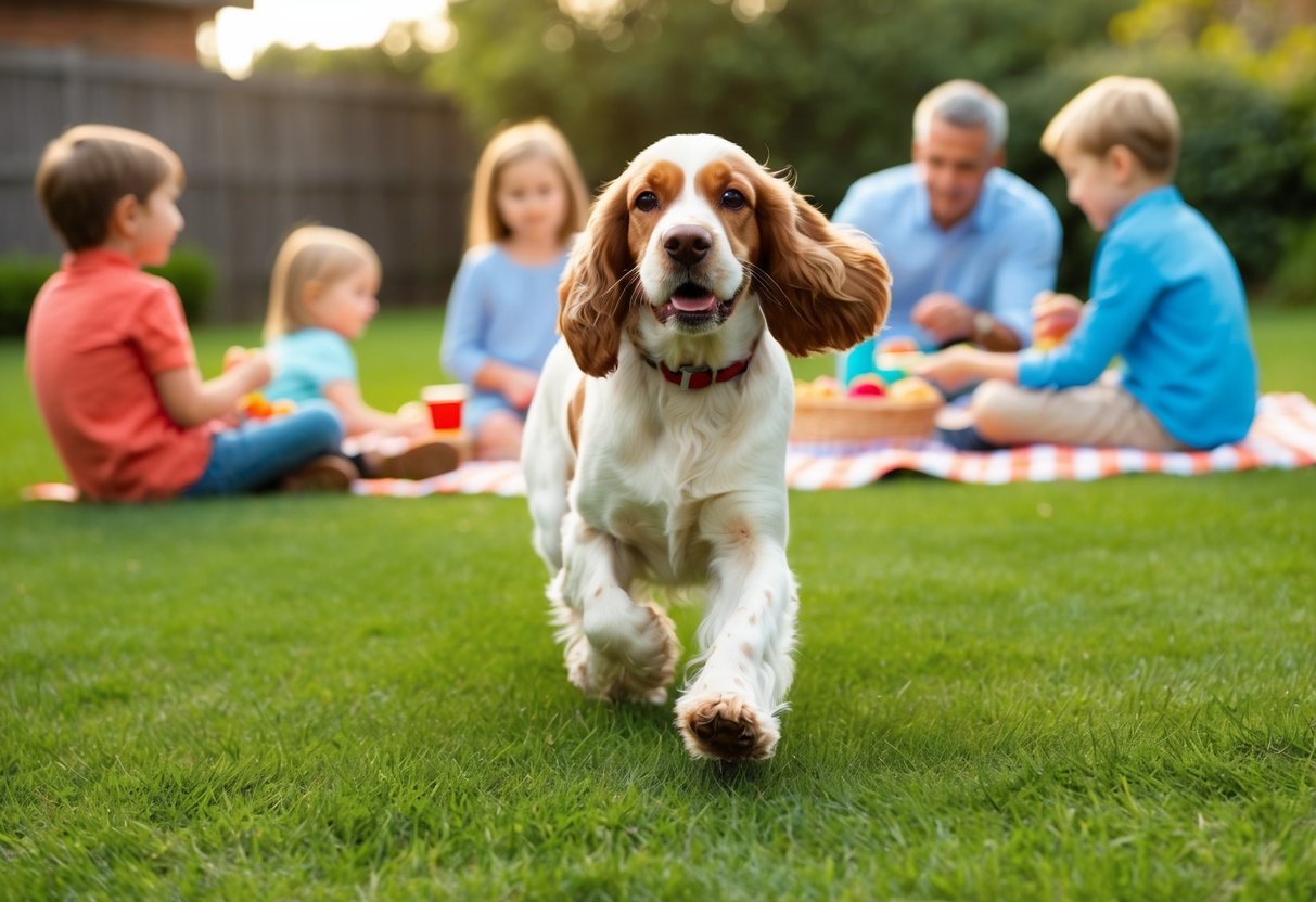 A cocker spaniel playing in a backyard with children and a family picnic in the background