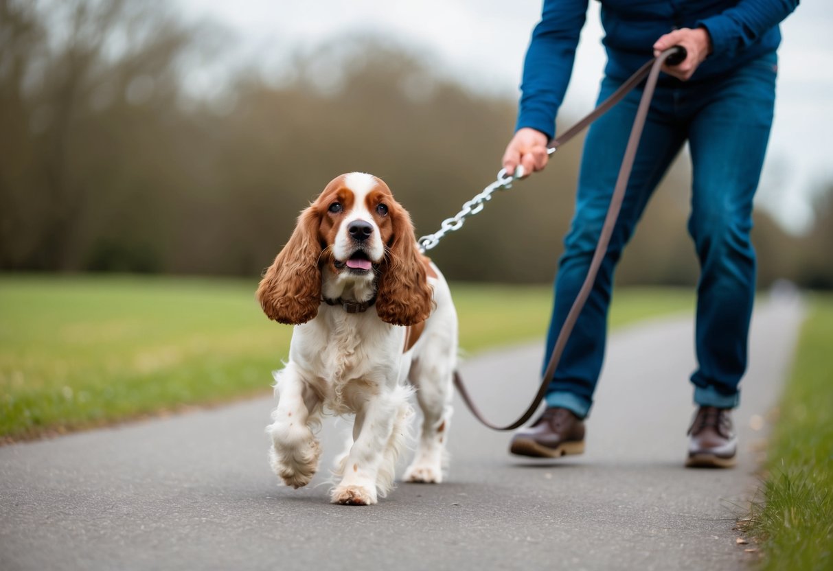 A cocker spaniel tugs on a lead while the owner attempts to regain control