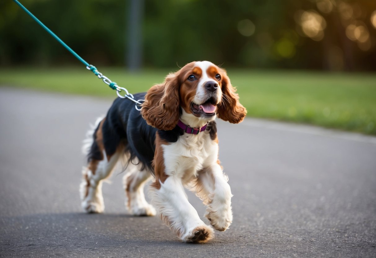 A cocker spaniel pulls eagerly on a leash, straining against the lead with a determined expression