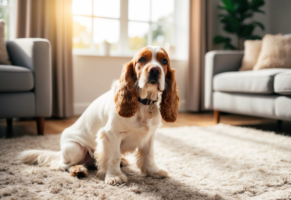 A cocker spaniel scratching its ear with its hind leg in a cozy living room with a plush rug and sunlight streaming through the window