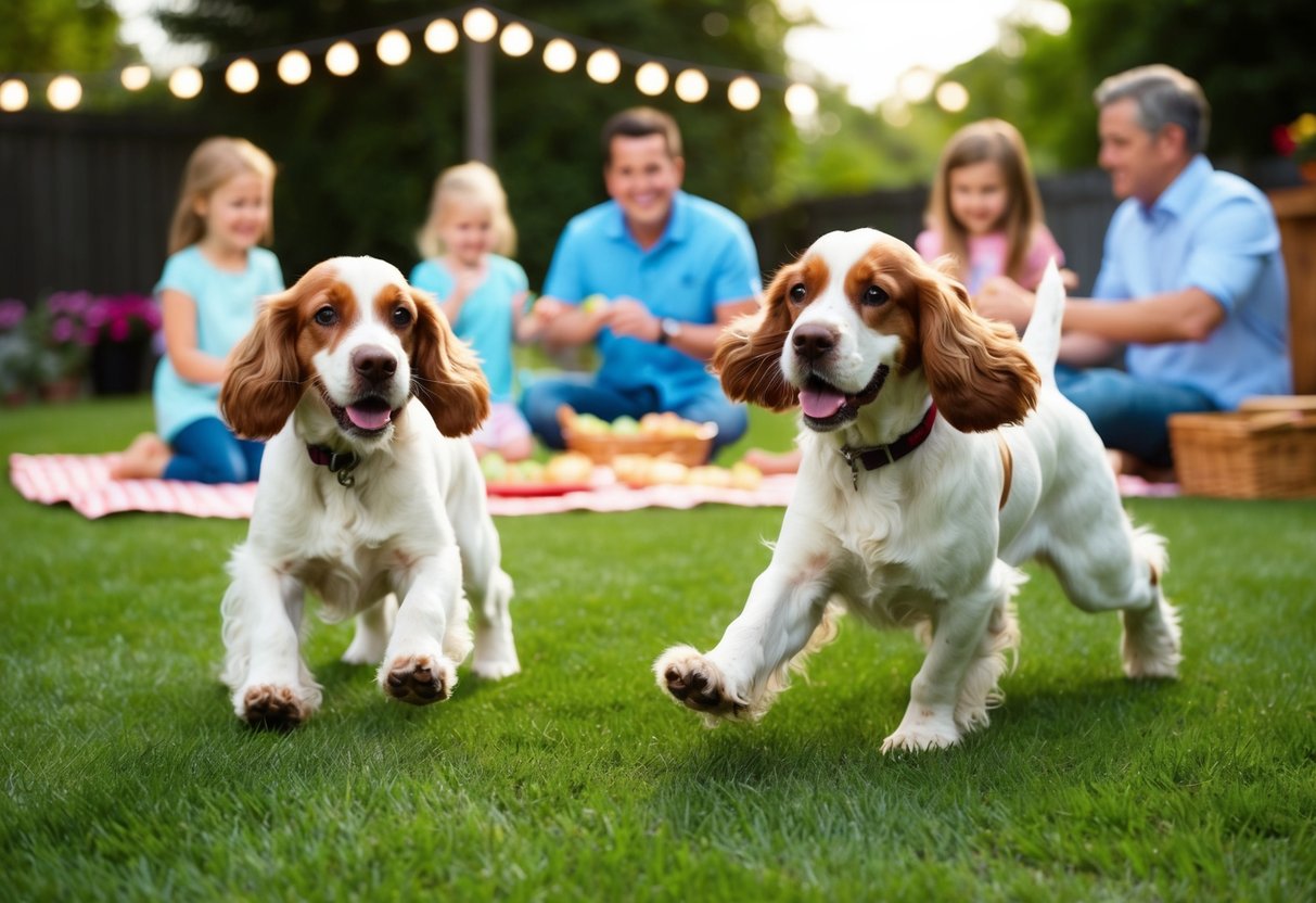 Two cocker spaniels playing with children in a backyard, while a family picnics nearby