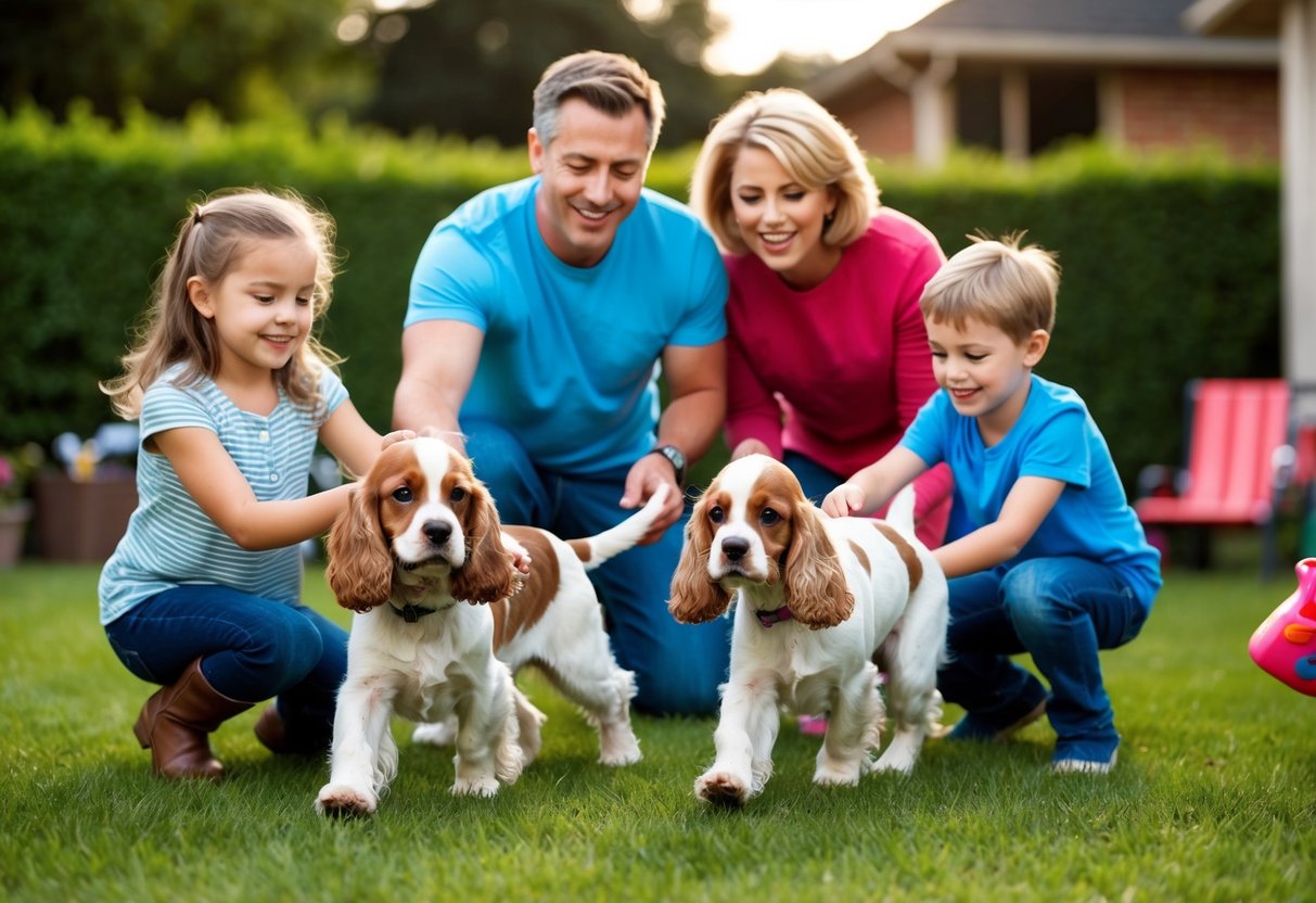 Two cocker spaniels playing with children in a backyard. Family members are smiling and interacting with the dogs