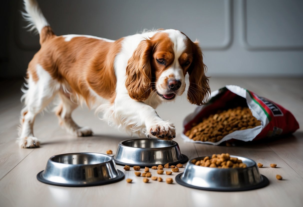 A cocker spaniel scratching vigorously, surrounded by empty food bowls and a torn bag of dog food