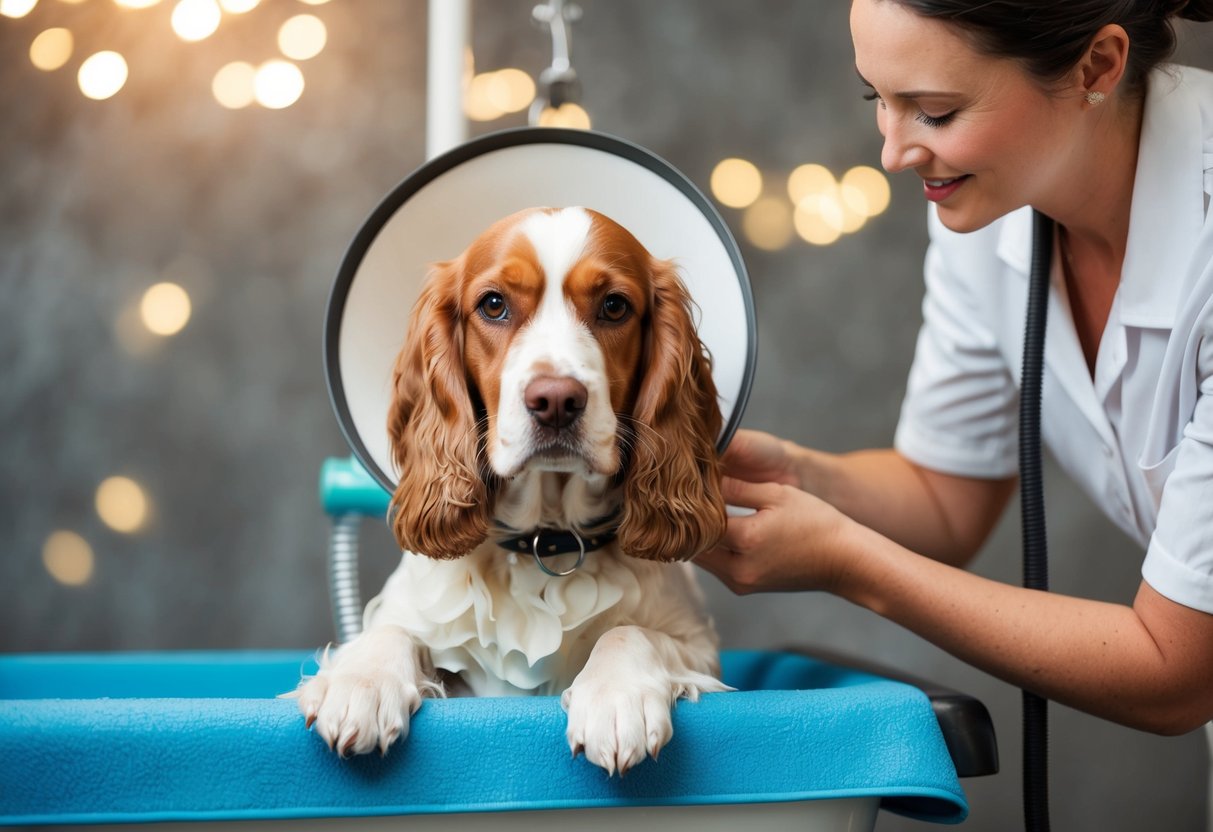 A cocker spaniel wearing a cone collar while receiving a soothing scratch-free bath from a groomer