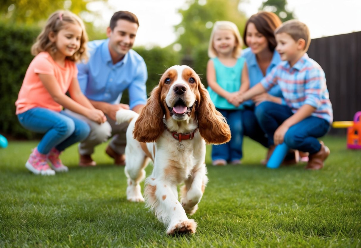 A happy Cocker Spaniel playing with children in a backyard, wagging tail and looking affectionately at the family