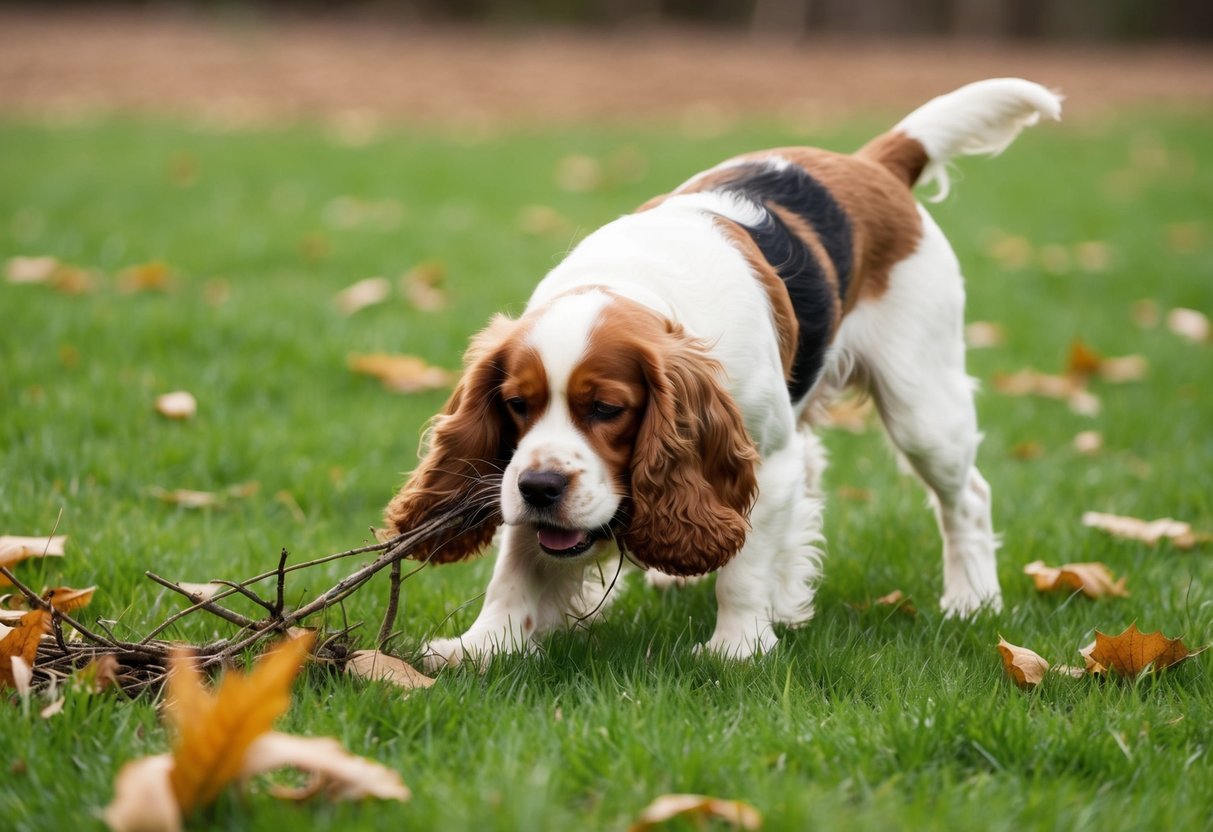 A cocker spaniel scratching vigorously in a grassy field, surrounded by fallen leaves and twigs