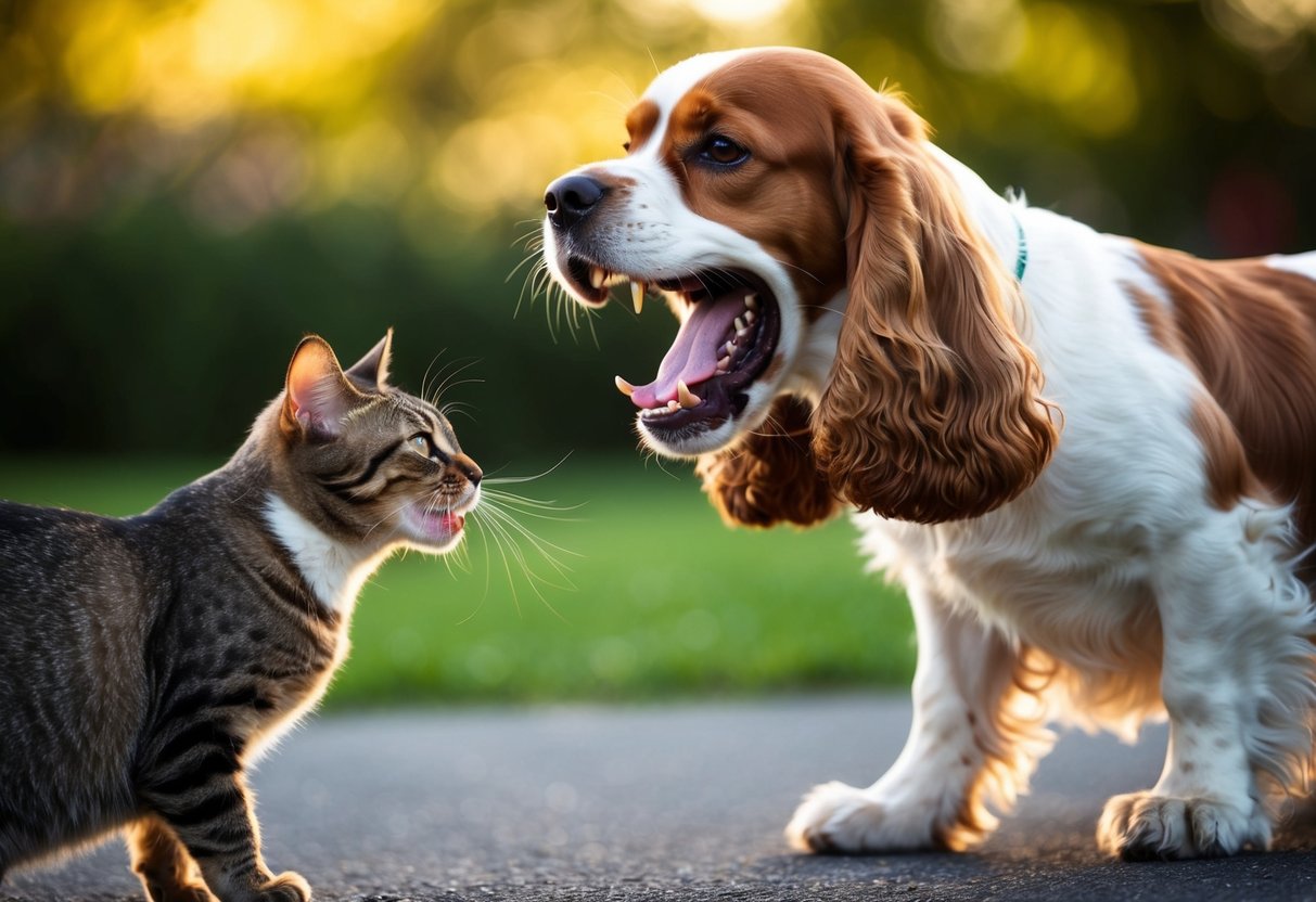A snarling cocker spaniel bares its teeth, growling at a passing cat