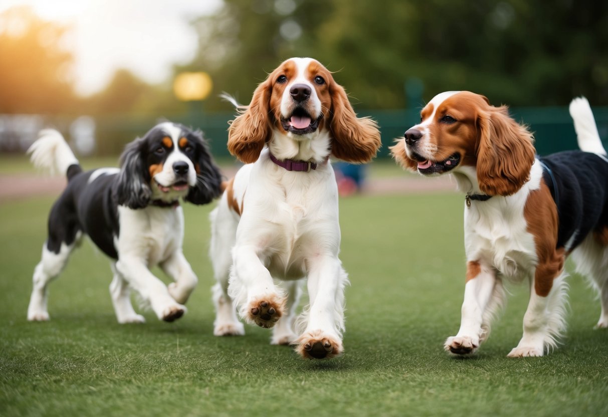 A cocker spaniel happily plays with other dogs at a dog park, displaying friendly and non-aggressive behavior