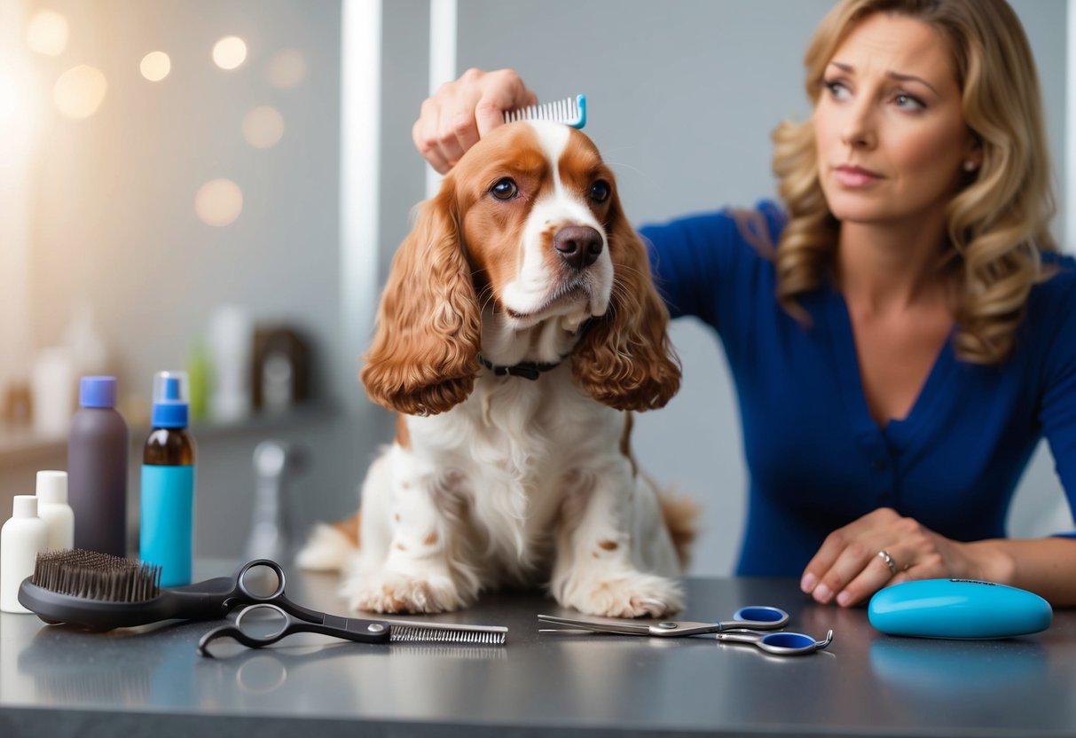 A cocker spaniel dog being groomed with a brush and a pair of scissors, surrounded by grooming supplies and a concerned owner looking on