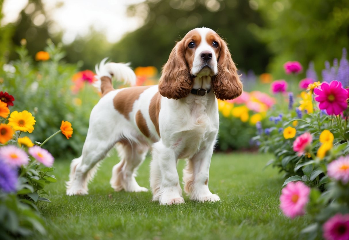 A cocker spaniel stands confidently, tail wagging and ears alert, surrounded by colorful flowers in a peaceful garden setting