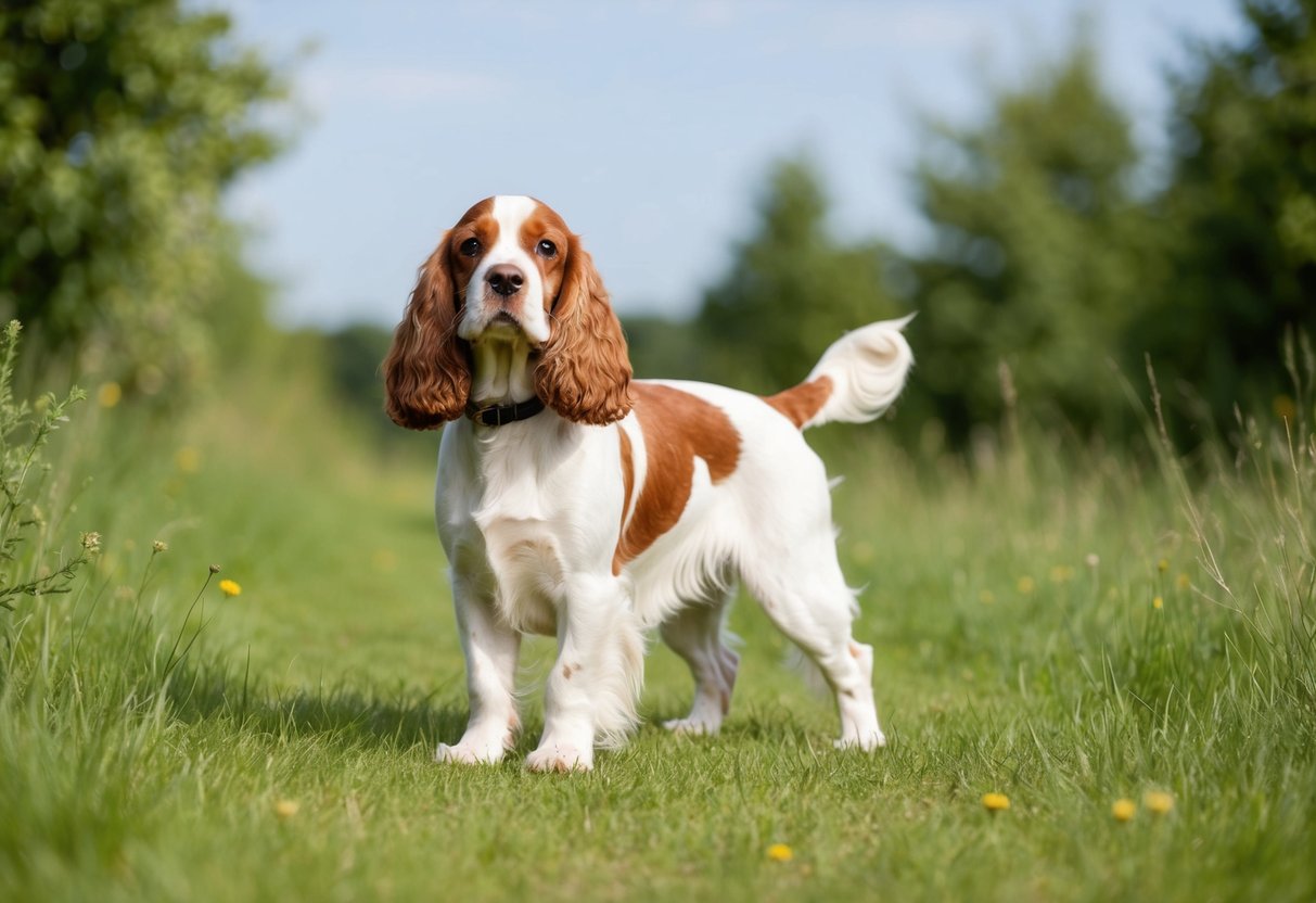 A cocker spaniel standing in a peaceful, natural environment, surrounded by greenery and clean air