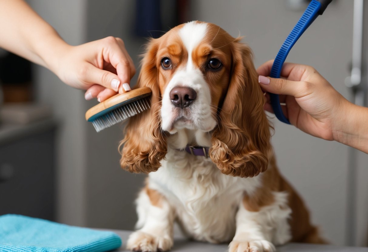 A cocker spaniel dog getting groomed with a brush and trimmed nails