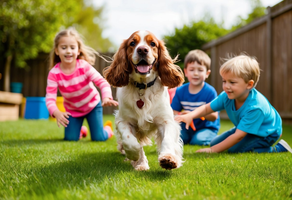 A happy Cocker Spaniel playing with children in a backyard, wagging its tail and showing no signs of aggression