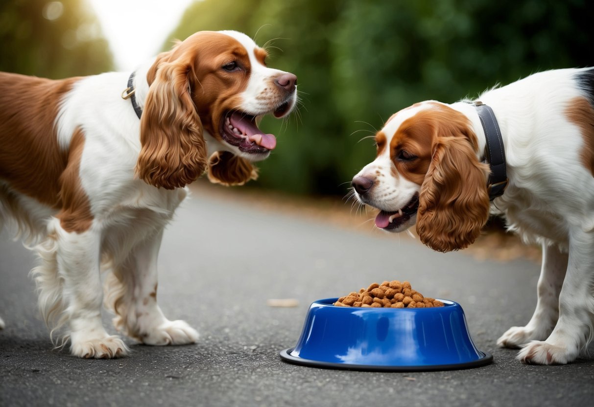 A cocker spaniel growls and bares its teeth, standing defensively near its food bowl as another dog approaches