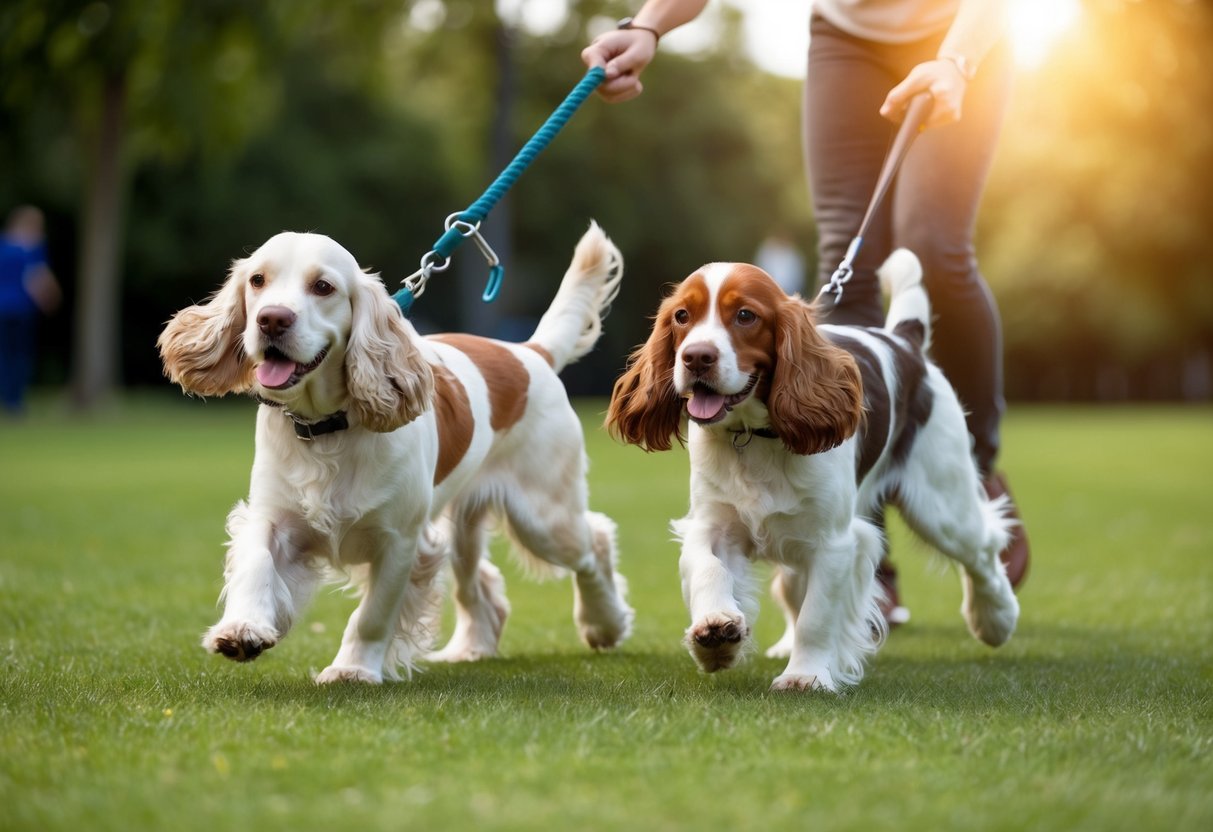 Two energetic cocker spaniels being brushed and walked in a park