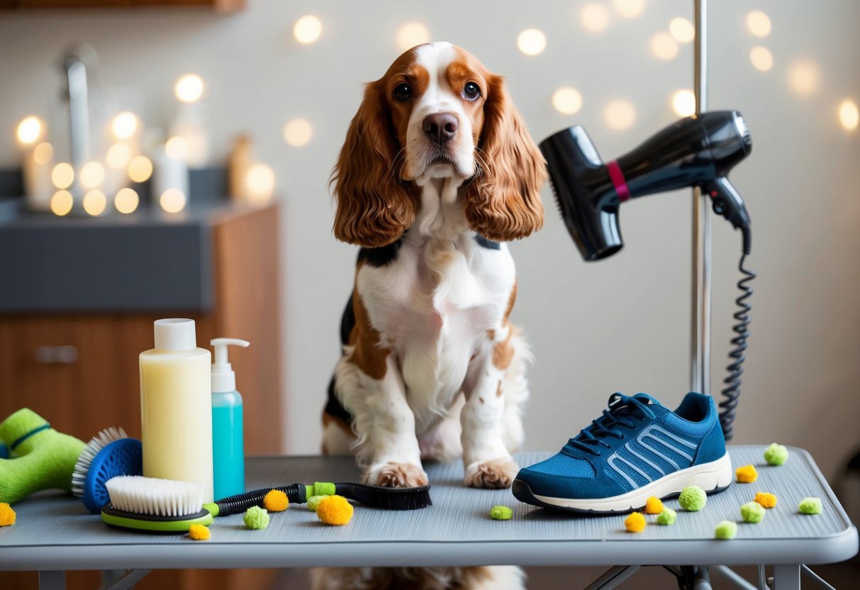 A Cocker Spaniel standing next to a grooming table with brushes, shampoo, and a hairdryer, surrounded by scattered dog toys and a chewed-up shoe