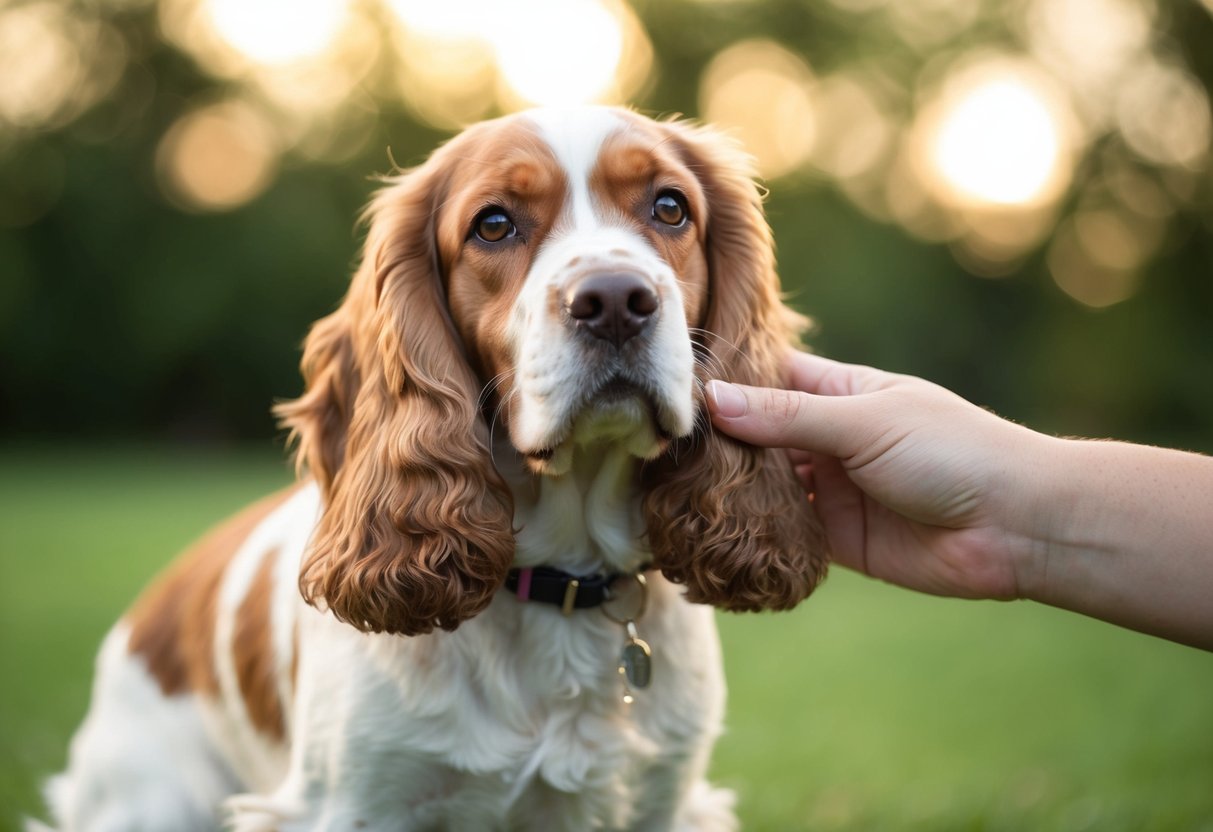 A calm, friendly cocker spaniel being petted by a gentle hand