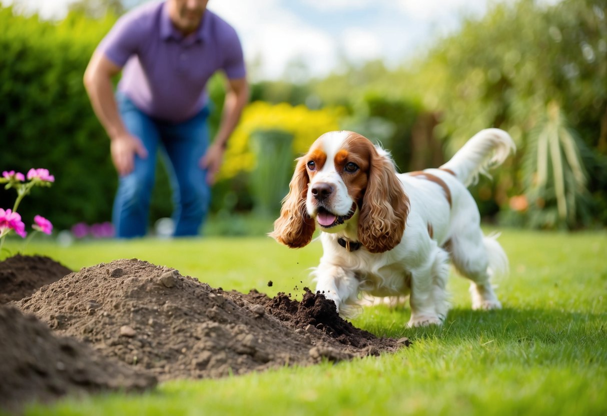 A cocker spaniel digging up a garden, with a frustrated owner watching from a distance