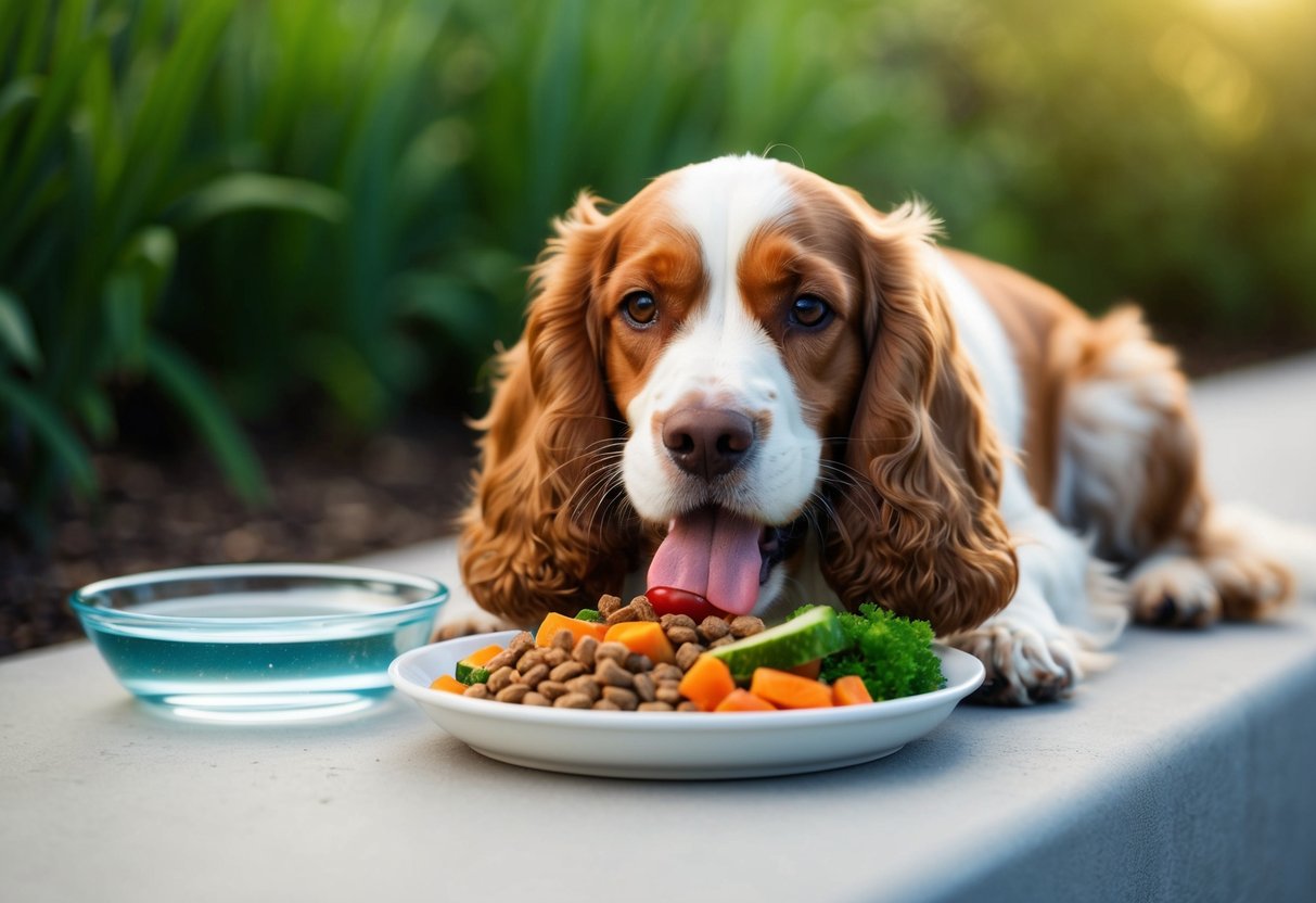 A cocker spaniel happily munching on a balanced meal of dog food and vegetables, with a water bowl nearby