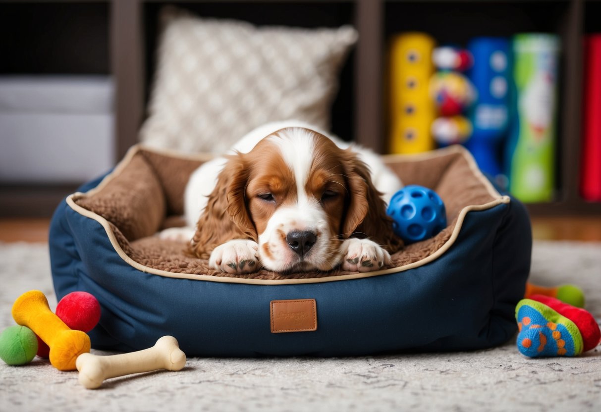 A young cocker spaniel puppy peacefully resting in a cozy dog bed, surrounded by scattered toys and a chewed-up bone