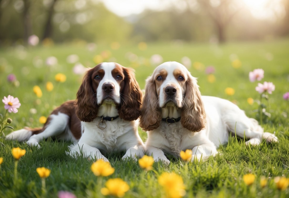 A serene meadow with a peaceful springer spaniel and a tranquil cocker spaniel lying side by side, surrounded by blooming flowers and gentle sunlight