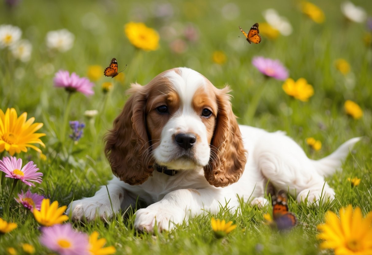 A young cocker spaniel puppy lying peacefully in a sunlit meadow, surrounded by colorful flowers and gentle butterflies