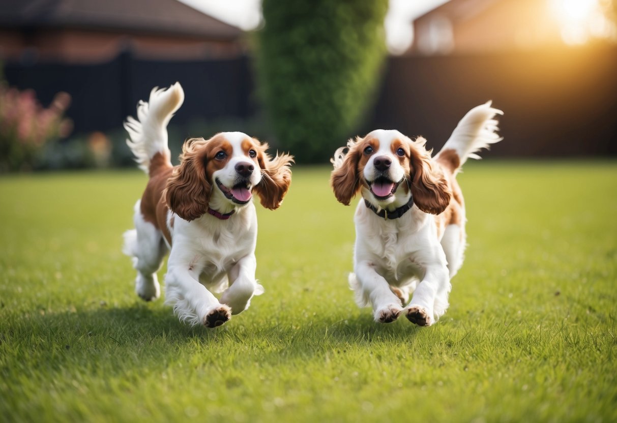 Two cocker spaniels playfully chase each other in a grassy backyard, tails wagging happily